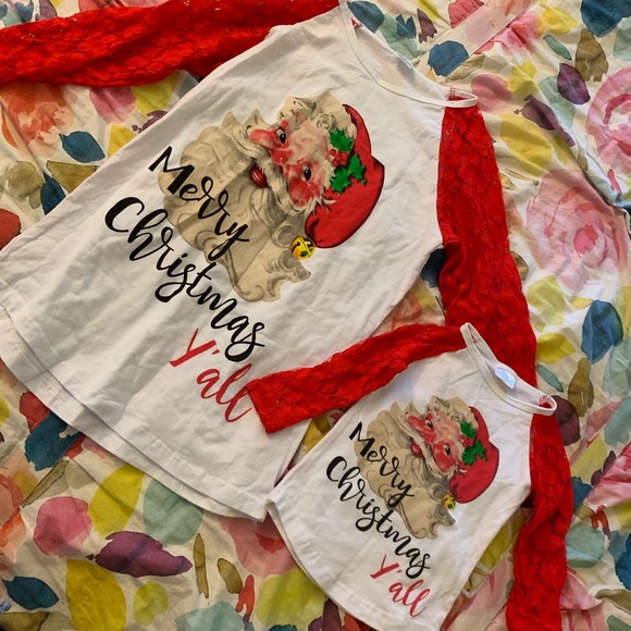 Mommy&Me Merry Christmas Y’all shirts lace sleeve - Picture 1 of 5